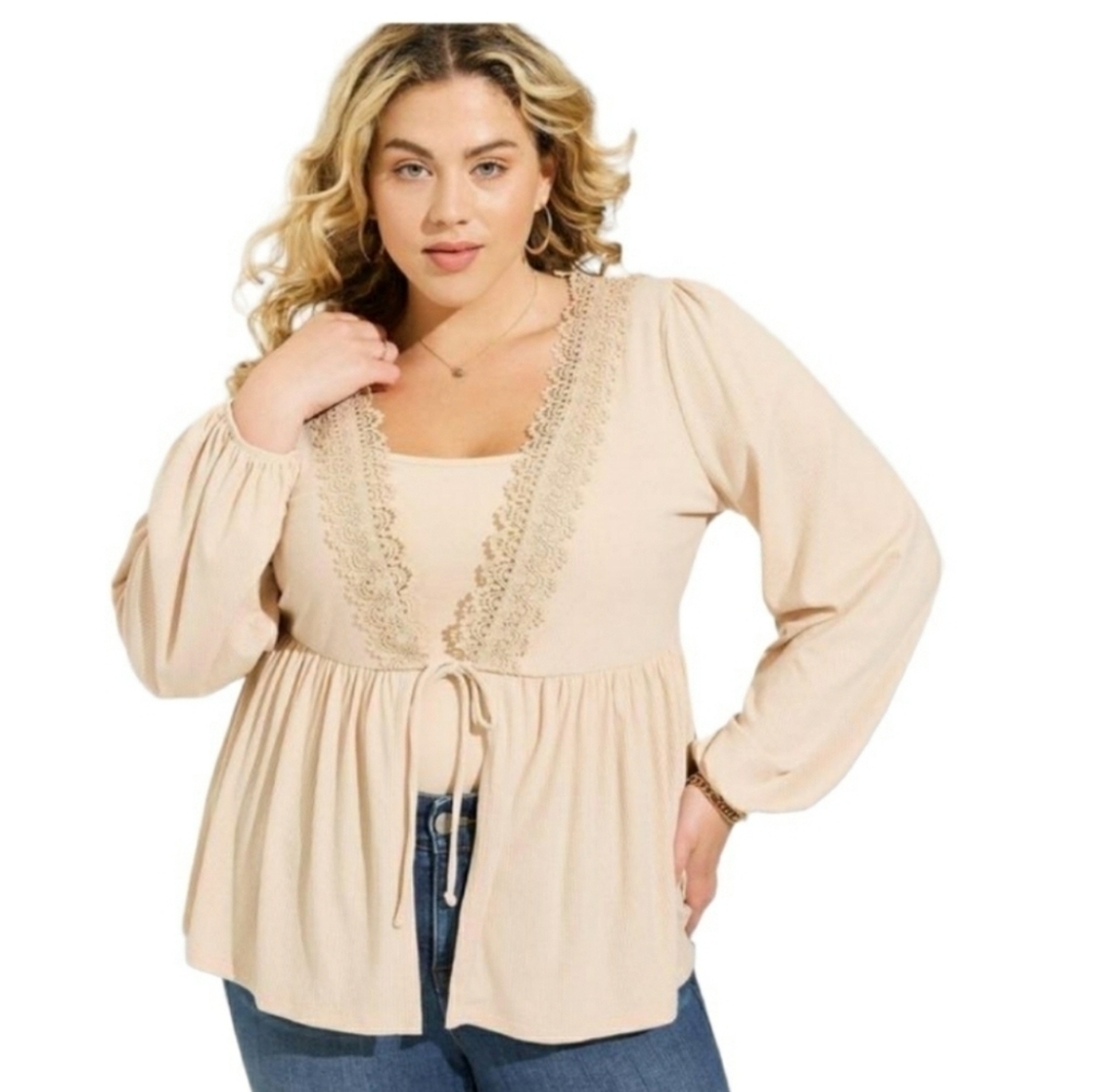 Torrid Babydoll Cardigan Super Soft Rib Lace Trim Tie Coquette Feminine  0X L 12